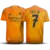 Camisa laranja do Real Madrid II 2024/25, com o nome Vini Jr. e número 7 nas costas, com detalhes em azul.