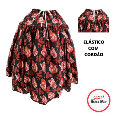 SAIA EM CETIM ESTAMPADO ROSAS PRETO E VERMELHO 4M DE RODA - comprar online