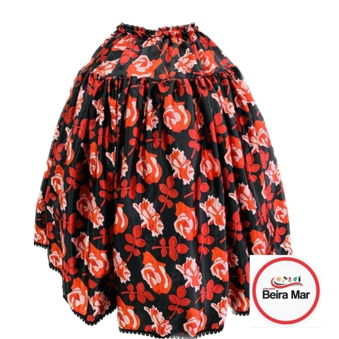 SAIA EM CETIM ESTAMPADO ROSAS PRETO E VERMELHO 4M DE RODA