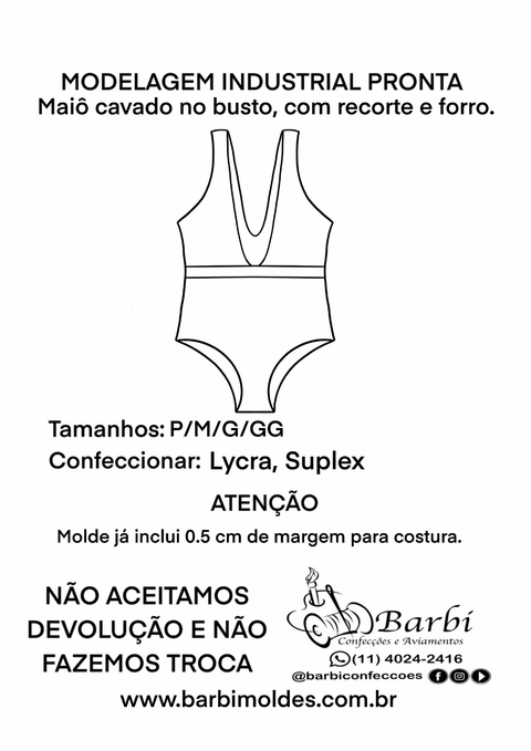 Kit de modelagem de Maiô cavado com recorte P/M/G/GG