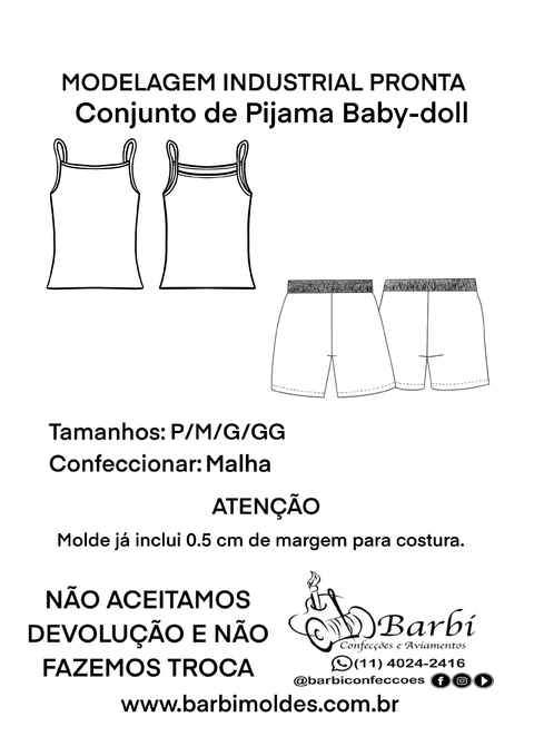 Kit de conjunto de modelagem de pijama baby-doll P/M/G/GG