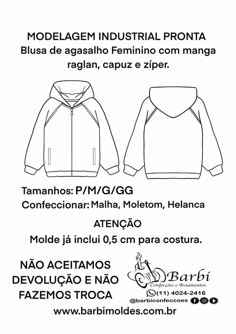 Kit de Modelagem de Blusa de Agasalho Feminino Raglan com capuz e zíper P/M/G/GG