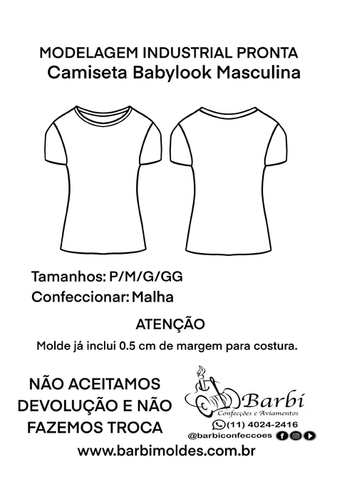 Kit de modelagem de Camiseta Babylook Masculina P/M/G/GG