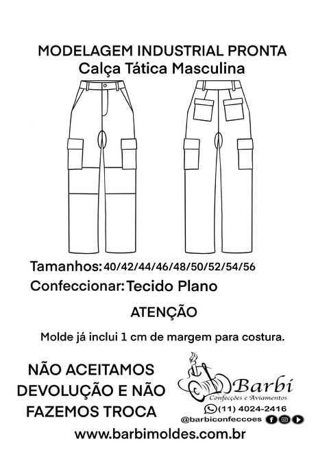 Kit de Modelagem de Calça Tática Masculina Tam 40/42/44/46/48/50/52/54/56