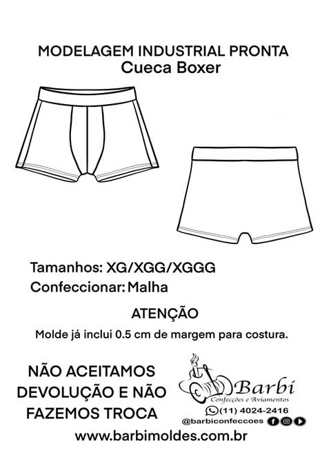 Kit de modelagem de Cueca Boxer Masculina Curta com Elástico Largo XG/XGG/XGGG Plus Size