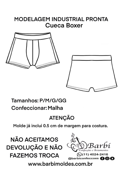 Kit de modelagem de Cueca Boxer Masculina Curta com Elástico Largo P/M/G/GG