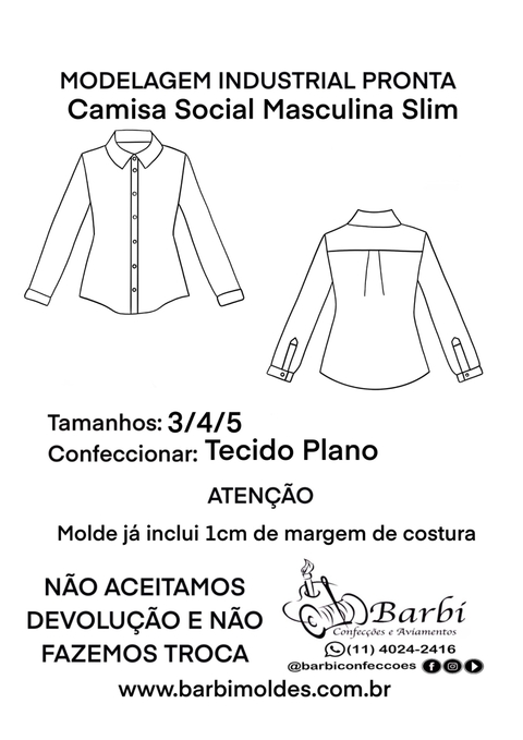 Kit de Modelagem de Camisa Social Masculina Slim Tamanhos 3/4/5