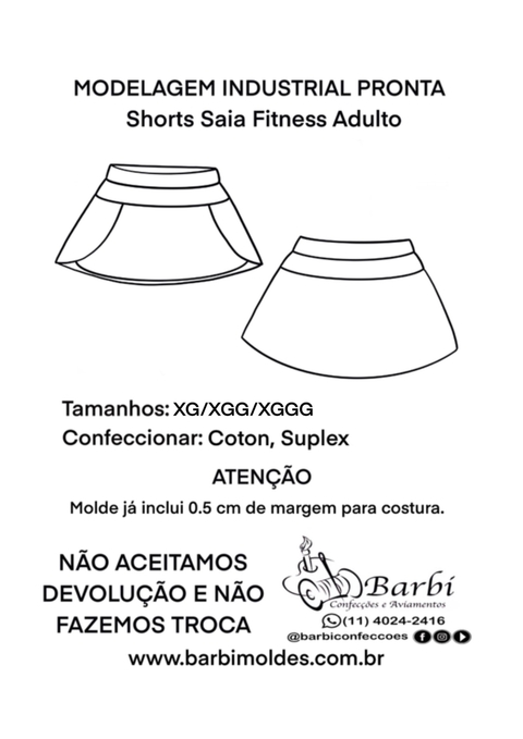 Kit de Modelagem de Shorts Saia Adulto Fitness XG/XGG/XGGG