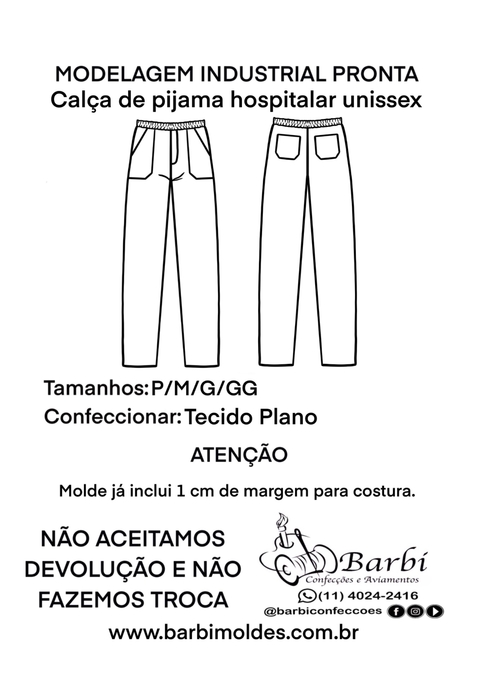 Kit de modelagem industrial de Calça de Pijama Cirúrgico Unissex P/M/G/GG - comprar online