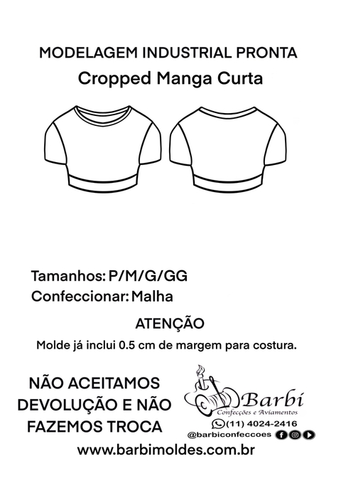 Kit de Modelagem Cropped Tamanhos P/M/G/GG