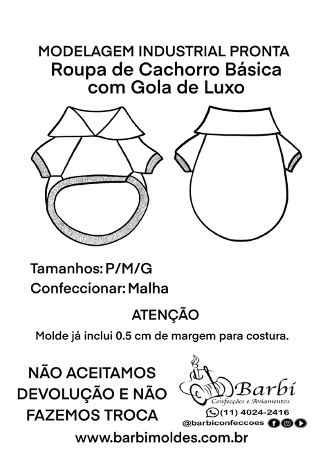 Kit de molde de Roupa Básica de Cachorro com Gola Luxo tamanhos P/M/G/GG