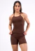 CONJUNTO SHORTS BASIC + REGATA LUXE STRAP COFFEE TONE - SANTABELLA | Moda Fitness