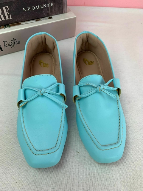 Mocassim Bico Quadrado Pesponto com Laço Fino Azul - Vendas direto da fábrica de sapstos - comprar online