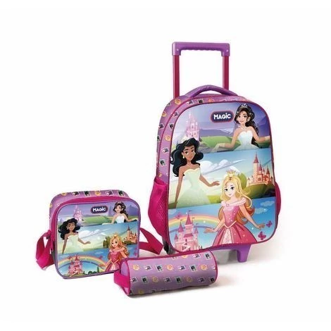 Kit mochila de rodinhas, estojo e lancheira térmica Princesas e seus castelos