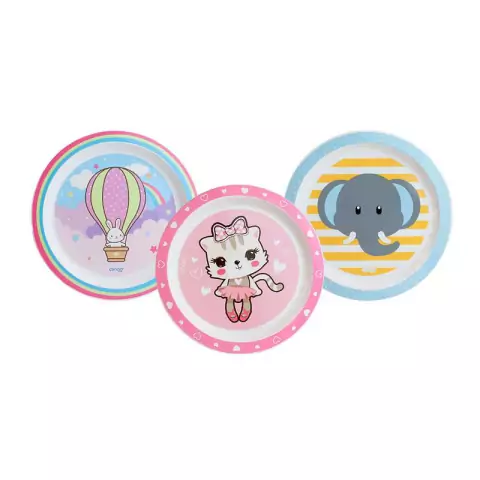 KIT 3 PRATOS RASOS CLINGO BALÃO/GATINHA/ELEFANTE