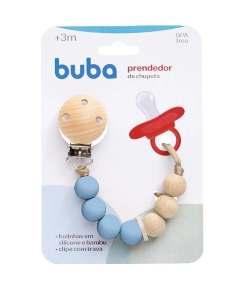 PRENDEDOR DE CHUPETA SILICONE E BAMBU AZUL BUBA BICO