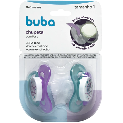 KIT 2 CHUPETAS BUBA COMFORT TAM.1 NOTURNA UNICÓRNIO