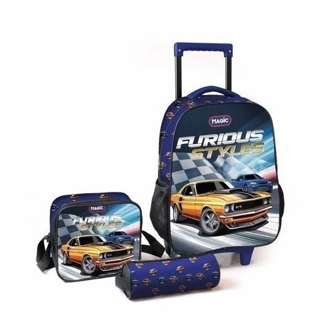 Kit mochila de rodinhas, estojo e lancheira térmica Furiosos