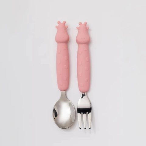 KIT TALHER INFANTIL EM ACO INOXIDAVEL E SILICONE ROSA