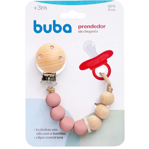 PRENDEDOR DE CHUPETA SILICONE E BAMBU ROSA BUBA BICO