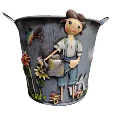 Vaso Cachepô Decorativo em Lata com Alça (Menino) TOP GARDEN