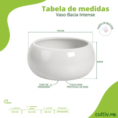 Vaso bacia cerâmica branca Intense com medidas detalhadas, mostrando 17,5 cm de largura, 8,5 cm de altura, furo de drenagem e proteção de base em EVA