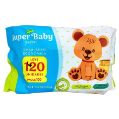 Pacote de toalhas umedecidas Super Baby Green com 120 unidades, embalagem econômica, com desenho de urso e informações sobre dermatologicamente testado, sem álcool etílico e perfume suave