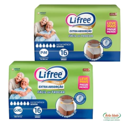 Pacotes de fraldas geriátricas Lifree Pants Extra Absorção para incontinência severa, com 16 unidades cada, em tamanhos P-M e G-XG, mostrando idosos felizes na embalagem.