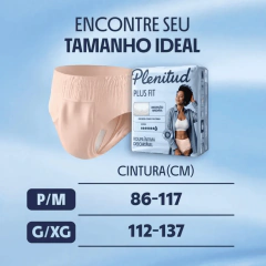Fralda geriátrica de vestir Plenitud Plus Fit com guia de tamanhos para cintura em centímetros