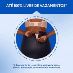 Imagem de uma pessoa usando fralda geriátrica Plenitud Plus, destacando que é até 100% livre de vazamentos.