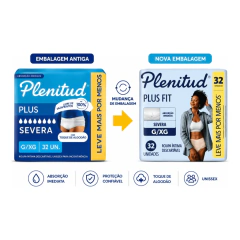 Comparação entre embalagem antiga e nova da fralda geriátrica Plenitud Plus Fit, pacote com 32 unidades, tamanho G/XG, para incontinência severa, destacando absorção imediata, toque de algodão e proteção confiável