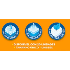 Ícones destacando características do absorvente multiuso Soft Max: gel superabsorvente, neutralizador de odores, e suavidade com aloe vera, com texto informando pacote com 20 unidades, tamanho único e unissex
