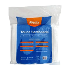 Pacote de toucas descartáveis brancas com elástico, contendo 100 unidades da marca Medix.