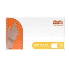 Luva de vinil sem pó em embalagem com 100 unidades da marca Medix
