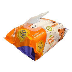 Pacote de toalhas umedecidas Super Baby Green com 140 unidades, embalagem laranja e branca com ilustração de urso