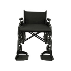 Cadeira de rodas em aço K7 Superforce com capacidade para até 225kg, com assento acolchoado e apoios para os pés ajustáveis.
