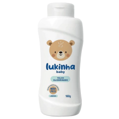 Frasco de talco glicerinado Lukinha Baby de 160g, com design infantil e ilustração de ursinho.