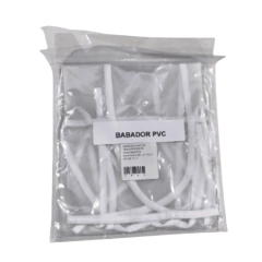 Babador impermeável em PVC siliconado, embalado, com etiqueta identificadora.