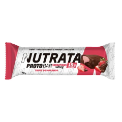 Barra de proteína Protobar de 70g da Nutrata com sabor trufa de morango, destacando sua embalagem e ingredientes.