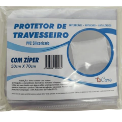 Protetor de travesseiro impermeável siliconado com zíper da marca Tc Care, tamanho 50cm x 70cm, embalagem transparente com etiqueta azul e branca