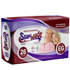 Pacote de fraldas geriátricas Suavidade Mega com 26 unidades, tamanho EG, indicado para uso adulto e unissex.

