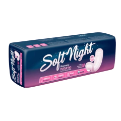 Pacote de absorventes noturnos Soft Night sem abas com 10 unidades, embalagem em tons azul e roxo
