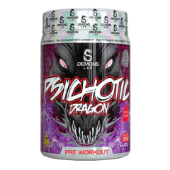 Pote de Pré-Treino Psichotic Dragon (300g) da Demons Lab com design de dragão e rótulo colorido.