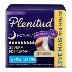 Pacote de fraldas geriátricas Plenitud Noturna, com 24 unidades, destacando a proteção para até 12 horas e tecnologia anti vazamento.

