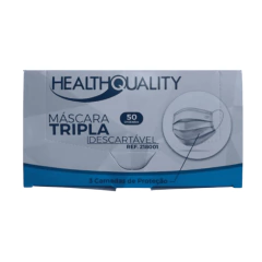 Embalagem da máscara descartável branca com 50 unidades da marca Health Quality, destacando a descrição "máscara tripla descartável".
