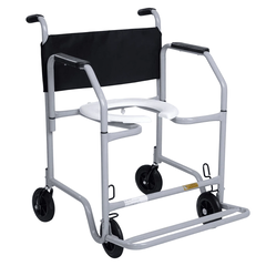 Cadeira de banho Max Obeso CDS com estrutura metálica cinza, assento branco com abertura para higiene e rodas para mobilidade