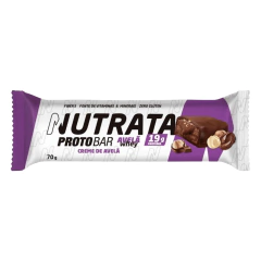 Barra de proteína Protobar da Nutrata com sabor de avelã, embalagem de 70g destacando 19g de proteína.