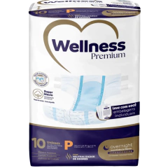 Embalagem da Fralda Geriátrica Tradicional Wellness Premium, tamanho P, com informações sobre o produto e características destacadas.
