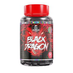 Frasco do Termogênico Black Dragon da Demons Lab com 90 cápsulas, embalagem em preto e vermelho com imagem de dragão.