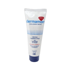 Creme protetor-barreira Dermamon em embalagem tubo branco com tampa azul de 100g, usado para proteger e hidratar a pele, indicado para adultos e pediátrico